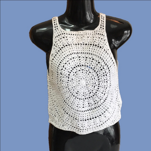 Crochet Floral Pattern White 100% Cotton Cropped Tank Top EUC Women's XS Boho